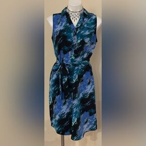 DANA BUCHMAN Black & Blues Geometric Tie Sleeveless Collard Button Up Dress Sz M